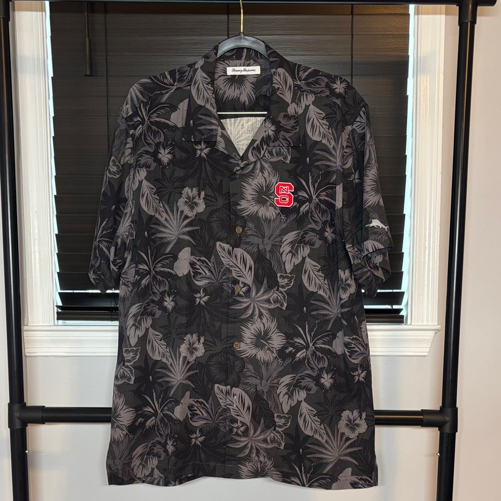 Tommy Bahama Black and Gray Purple Camp Shirt